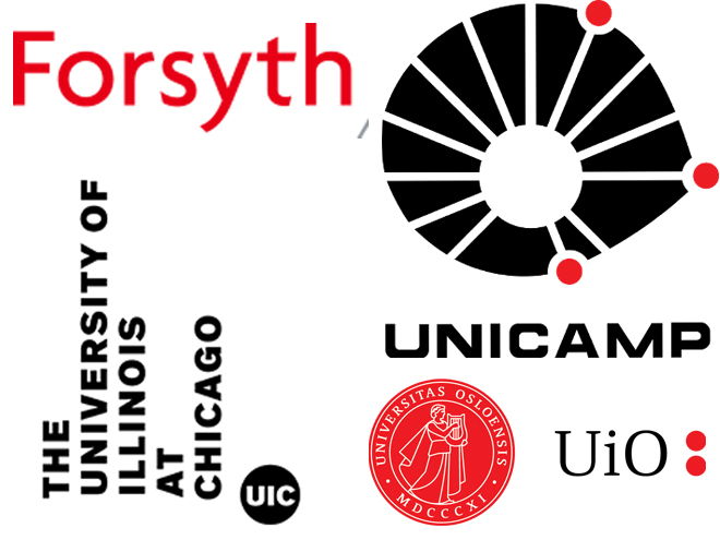 Logoene til de fire samarbeidende institusjonene på prosjektet: Forsyth, University of Illionois at Chicago, Unicamp og UiO.